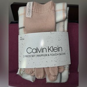 Calvin Klein Women’s Muffler & Touch Glove Set in Pink, White & Grey